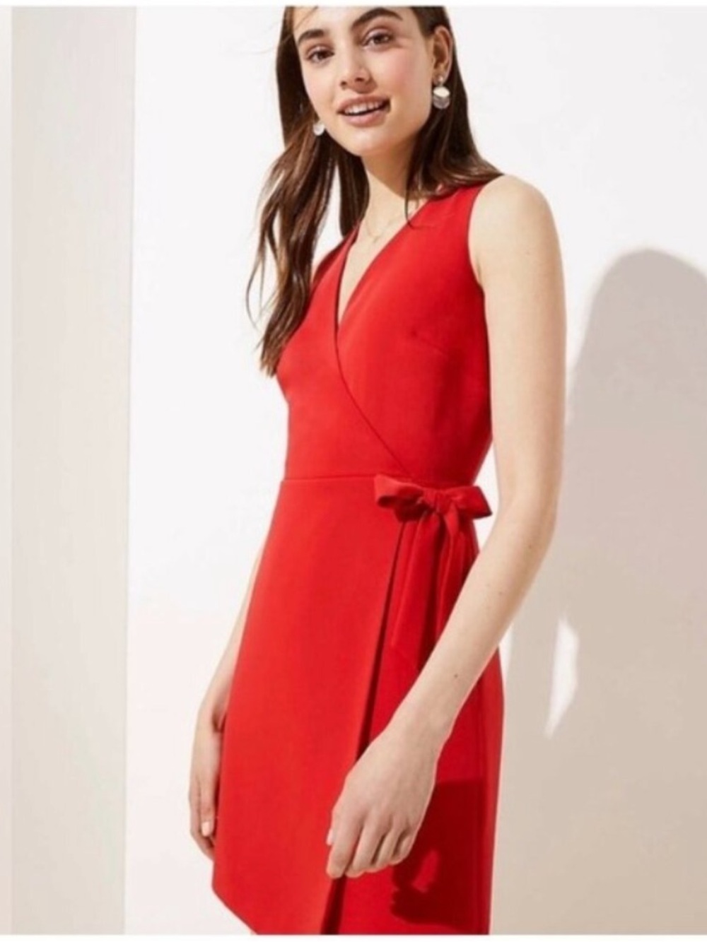 LOFT RED FAUX WRAP DRESS SLEEVELESS WITH BOW 10